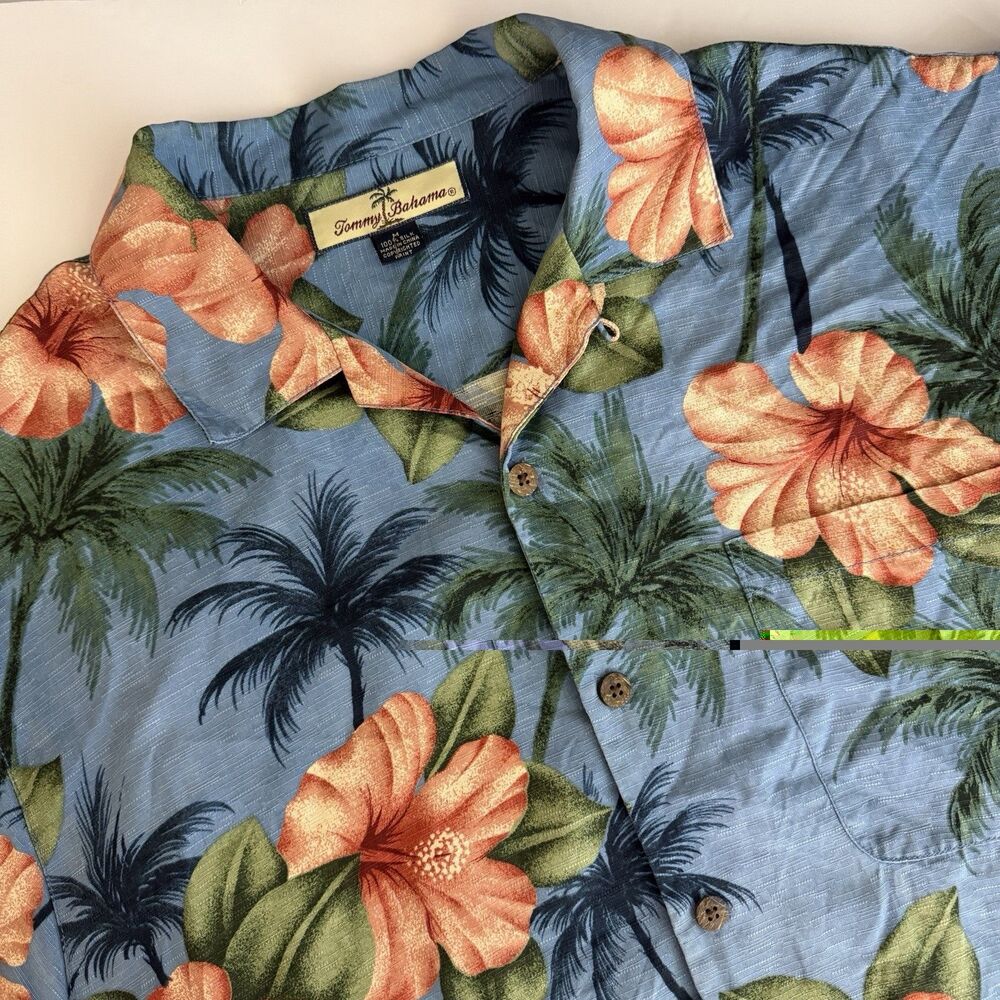 TOMMY BAHAMA Silk Hibiscus Palm Tree Men's Hawaiian Camp Shirt MEDIUM blue